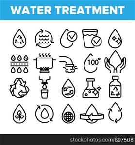 Collection Water Treatment Signs Icons Set Vector Thin Line. Water Healthy Drop With Mark Of Purity And Recycle, World And Plant Linear Pictograms. Monochrome Contour Illustrations. Collection Water Treatment Signs Icons Set Vector
