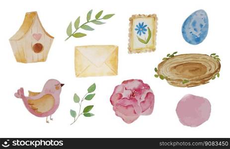 Collection watercolor set with flower ranunculus, pink bird, nest, egg, birdhouse, st&, envelope and green branch. Vector illustration. Collection watercolor set with flower ranunculus, pink bird, nest, egg, birdhouse, st&, envelope and green branch.