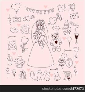 Collection wedding doodles. Cute girl bride in wedding dress with veil and bouquet, gifts and ring, cupid arrows, cake, heart, teddy bear toy and love letter. Isolated vector linear hand drawings
