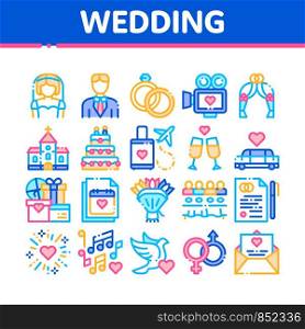 Collection Wedding Vector Thin Line Icons Set. Characters Bride And Groom, Rings And Limousine Wedding Elements Linear Pictograms. Church And Arch, Fireworks And Dancing Color Contour Illustrations. Collection Wedding Vector Thin Line Icons Set