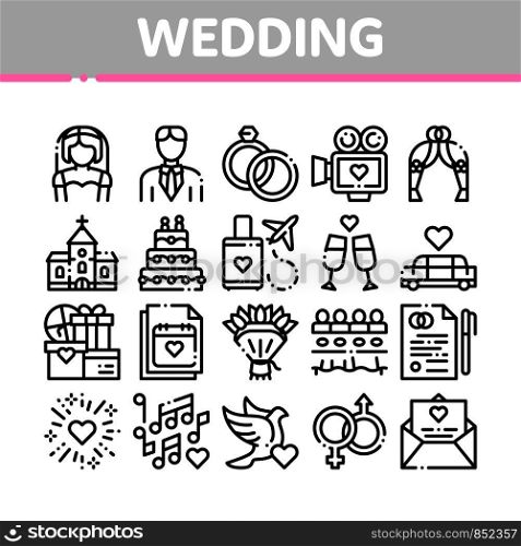 Collection Wedding Vector Thin Line Icons Set. Characters Bride And Groom, Rings And Limousine Wedding Elements Linear Pictograms. Church And Arch, Fireworks And Dancing Black Contour Illustrations. Collection Wedding Vector Thin Line Icons Set