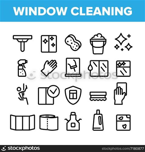 Collection Window Cleaning Sign Icons Set Vector Thin Line. Wiper Blade And Sponge, Handgear And Washing Agent Spray Cleaning Equipments Linear Pictograms. Concept Monochrome Contour Illustrations. Collection Window Cleaning Sign Icons Set Vector