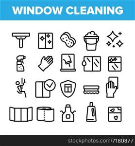 Collection Window Cleaning Sign Icons Set Vector Thin Line. Wiper Blade And Sponge, Handgear And Washing Agent Spray Cleaning Equipments Linear Pictograms. Concept Monochrome Contour Illustrations. Collection Window Cleaning Sign Icons Set Vector