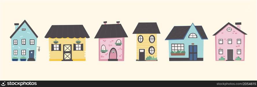 Collection with nursery various colorful houses. Cute Funny town. Vector illustration. Collection with nursery various colorful houses. Cute Funny town.