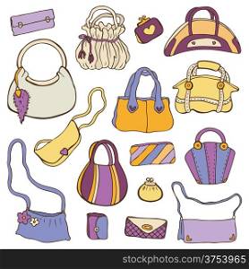 Collection women&#39;s handbags. Hand drawn vector isolated.
