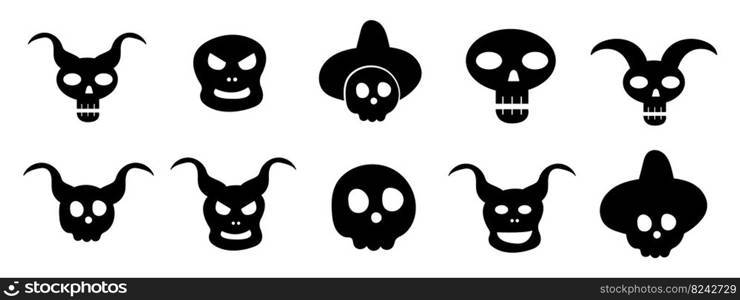 Collections of human skulls with horns and witch hat. Silhouette of a skull in a simple cartoon style. A set of items for the holiday Halloween. Vector illustration. Collections of human skulls with horns and witch hat. Silhouette of a skull in a simple cartoon style. A set of items for the holiday Halloween. Vector illustration.