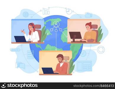Collective remote work 2D vector isolated illustration. Remote teamwork. Professionals flat characters on cartoon background. Colourful editable scene for mobile, website, presentation . Collective remote work 2D vector isolated illustration