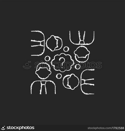 Collective thinking chalk white icon on dark background. People and question mark. Effective business conversation. Sharing ideas in group. Isolated vector chalkboard illustration on black. Collective thinking chalk white icon on dark background