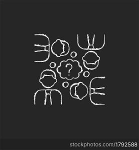 Collective thinking chalk white icon on dark background. People and question mark. Effective business conversation. Sharing ideas in group. Isolated vector chalkboard illustration on black. Collective thinking chalk white icon on dark background
