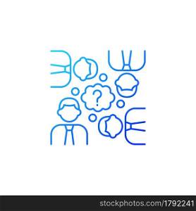 Collective thinking gradient linear vector icon. People and question mark. Effective business conversation. Thin line color symbols. Modern style pictogram. Vector isolated outline drawing. Collective thinking gradient linear vector icon