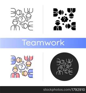 Collective thinking icon. People and question mark. Effective business conversation. Sharing ideas and thoughts in group. Linear black and RGB color styles. Isolated vector illustrations. Collective thinking icon