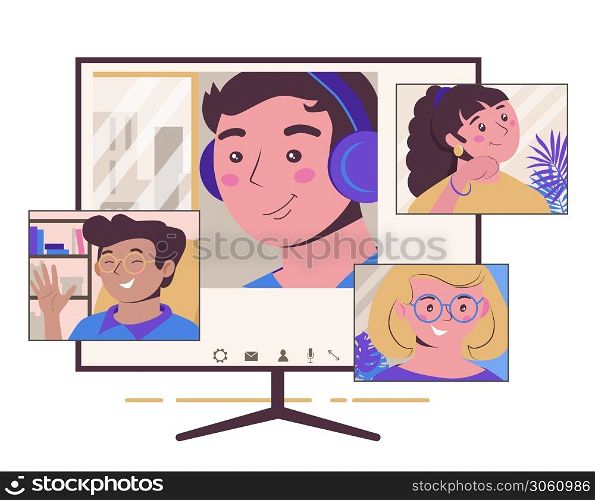 Collective virtual meeting and group video conference. Chatting with friends online, conversation on an online forum. Vector flat illustration for videoconferencing and remote work isolated on white background. Collective virtual meeting and group video conference. Chatting with friends online, conversation on an online forum. Vector flat illustration for videoconferencing and remote work.