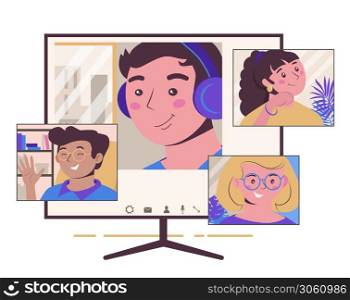 Collective virtual meeting and group video conference. Chatting with friends online, conversation on an online forum. Vector flat illustration for videoconferencing and remote work isolated on white background. Collective virtual meeting and group video conference. Chatting with friends online, conversation on an online forum. Vector flat illustration for videoconferencing and remote work.