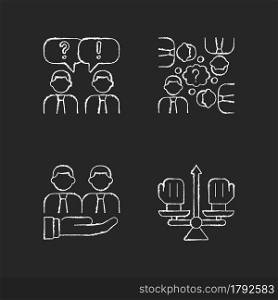 Collective work chalk white icons set on dark background. Office communication and support. Conflict management. Resolving team conflicts. Isolated vector chalkboard illustrations on black. Collective work chalk white icons set on dark background