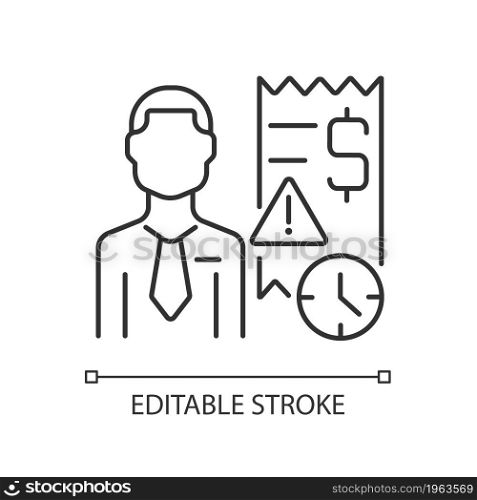 Collector linear icon. Person recovering overdue payments. Specialist tracking down debtors. Thin line customizable illustration. Contour symbol. Vector isolated outline drawing. Editable stroke. Collector linear icon