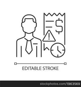 Collector linear icon. Person recovering overdue payments. Specialist tracking down debtors. Thin line customizable illustration. Contour symbol. Vector isolated outline drawing. Editable stroke. Collector linear icon
