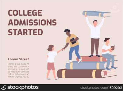 College admissions started banner flat vector template. University brochure, poster concept design with cartoon characters. Students enrollment horizontal flyer, leaflet with place for text