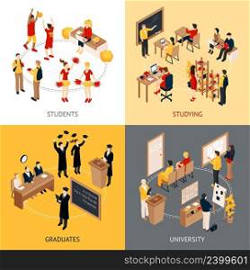 College and university isometric design concept 2x2 icons set with students in classrooms graduates and lecturers isolated vector illustration. College And University Isometric 2x2 Icons Set