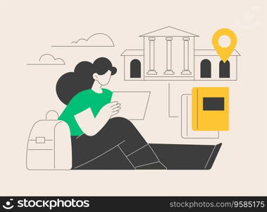 College campus abstract concept vector illustration. College campus tours, university events, institutional buildings, students group, homework on grass, break after classes abstract metaphor.. College campus abstract concept vector illustration.
