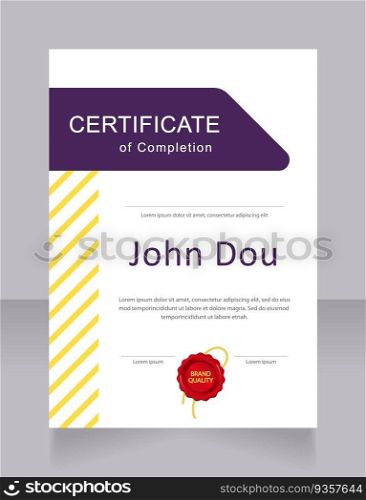 College completion certificate design template. Vector diploma with customized copyspace and borders. Printable document for awards and recognition. Calibri Regular, Arial, Myriad Pro fonts used. College completion certificate design template