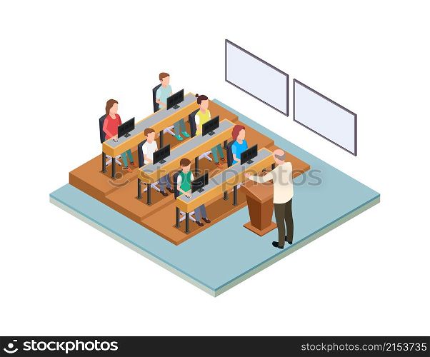 College education. Back to school, students at lesson or lecture. Teacher on podium, professor talk with children, isometric vector concept. Illustration college education lesson, students in class. College education. Back to school, students at lesson or lecture. Teacher on podium, professor talk with children, isometric vector concept