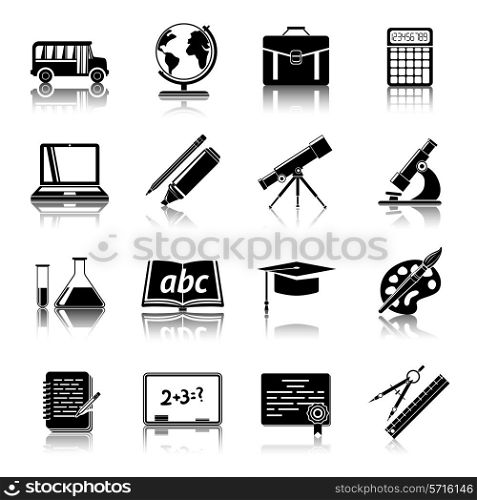 College education black icons pictograms set with school bus chalkboard paint palette graduation cap isolated vector illustration