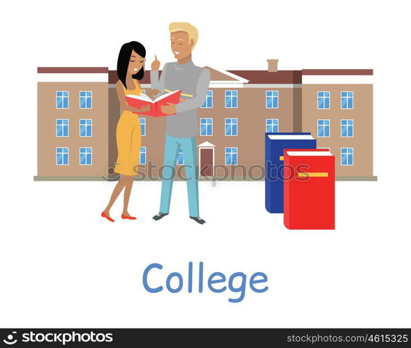 College Education Concept. Two students stand with book on the background of college building. Two students read book. Brown college building with brown roof. Student communication. Education concept. College education.