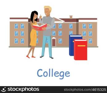 College Education Concept. Two students stand with book on the background of college building. Two students read book. Brown college building with brown roof. Student communication. Education concept. College education.