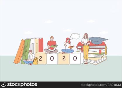 College education, student learning concept. Group of tong people students sitting on stack of books, learning, typing texts and thinking on 2020 cubes below vector illustration . College education, student learning concept