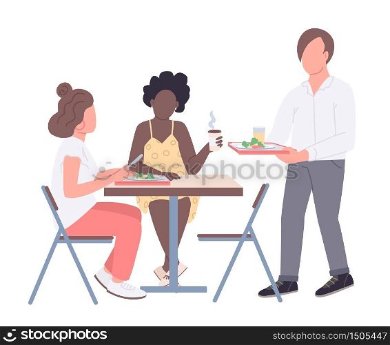 College friends flat color vector faceless characters. Teenagers on lunch break in cafeteria isolated cartoon illustration for web graphic design and animation. Student lifestyle, communication