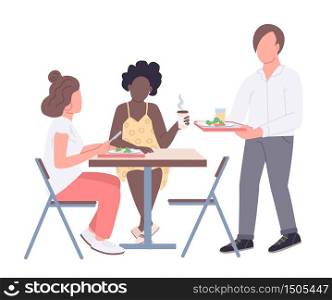 College friends flat color vector faceless characters. Teenagers on lunch break in cafeteria isolated cartoon illustration for web graphic design and animation. Student lifestyle, communication