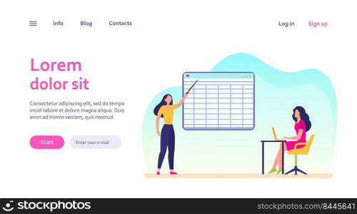 College girl giving report to teacher. Trainer explaining task to adult student flat vector illustration. Education, online distant learning concept for banner, website design or landing web page