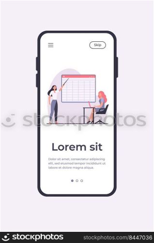 College girl giving report to teacher. Trainer explaining task to adult student flat vector illustration. Education, online distant learning concept for banner, website design or landing web page
