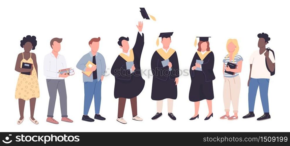 College graduates and freshman students flat color vector faceless characters set. People with diplomas and books isolated cartoon illustrations on white background. Academic education