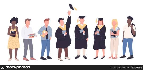 College graduates and freshman students flat color vector faceless characters set. People with diplomas and books isolated cartoon illustrations on white background. Academic education