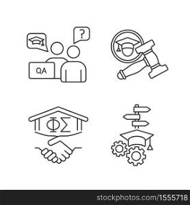 College life pixel perfect linear icons set. Academic advisor. University student organization. Student activities. Customizable thin line contour symbols. Isolated vector outline illustrations. College life pixel perfect linear icons set