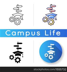 College major icon. Academic minors. Decision making. Graduate and undergraduate degree. Higher education qualifications. Linear black and RGB color styles. Isolated vector illustrations. College major icon