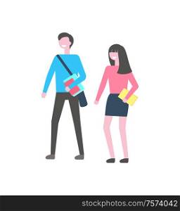 College or school teenagers, faceless characters, university learners. Male and female students vector isolated cartoon people with textbooks, man with bag. College or School Teenagers, Faceless Characters