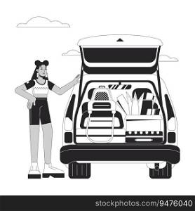 College student car bw vector spot illustration. Latina freshman girl loading car trunk 2D cartoon flat line monochromatic character for web UI design. Road trip editable isolated outline hero image. College student car bw vector spot illustration
