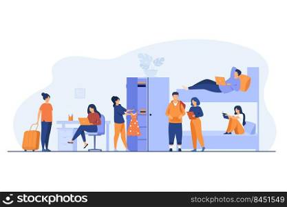College student dorm interior. Young travelers stopping in hostel. Vector illustration for alternative accommodation, backpackers house, trip concept
