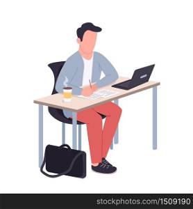 College student flat color vector faceless character. Teenager sitting at desk with laptop isolated cartoon illustration for web graphic design and animation. Online education, internet courses