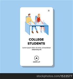 College Students Boy And Girl Studying Vector. College Students Sitting At Desk And Write Lesson Or Answering On Test Question. Characters Education And Examination Web Cartoon Illustration. College Students Boy And Girl Studying Vector