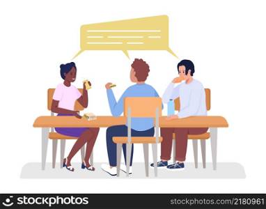 College students meeting on break semi flat color vector characters. Sitting figures. Full body people on white. Lunch isolated modern cartoon style illustration for graphic design and animation. College students meeting on break semi flat color vector characters