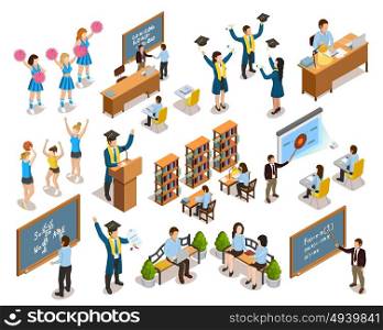College University People Isometric Icons Collection . College university students writing on blackboard studying in library cheerleading and graduating isometric icons collection vector illustration