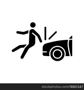 Collision involving pedestrian black glyph icon. Roadway crash. Hitting walker by car. Pedestrian injuries risk. Hit-and-run accident. Silhouette symbol on white space. Vector isolated illustration. Collision involving pedestrian black glyph icon