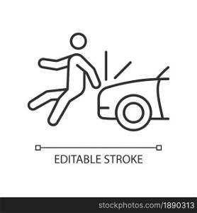 Collision involving pedestrian linear icon. Hitting walker by car. Hit-and-run accident. Thin line customizable illustration. Contour symbol. Vector isolated outline drawing. Editable stroke. Collision involving pedestrian linear icon