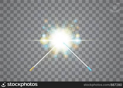 Collision of two forces with gold and blue light Magic wand. Vector illustration. Isolated on transparent background. Collision of two forces with Golden and Blue Magic wand. Vector illustration. Isolated on transparent background.