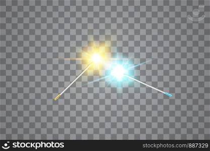 Collision of two forces with gold and blue light Magic wand. Vector illustration. Isolated on transparent background. Collision of two forces with Golden and Blue Magic wand. Vector illustration. Isolated on transparent background.