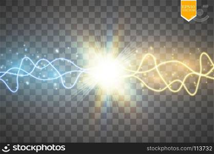 Collision of two forces with gold and blue light. Vector illustration. Hot and cold sparkling power. Energy lightning with electric discharge. Collision of two forces with gold and blue light. Vector illustration. Hot and cold sparkling power. Energy lightning with electric discharge. Vector