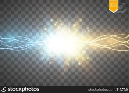Collision of two forces with gold and blue light. Vector illustration. Hot and cold sparkling power. Energy lightning with electric discharge. Collision of two forces with gold and blue light. Vector illustration. Hot and cold sparkling power. Energy lightning with electric discharge. Vector